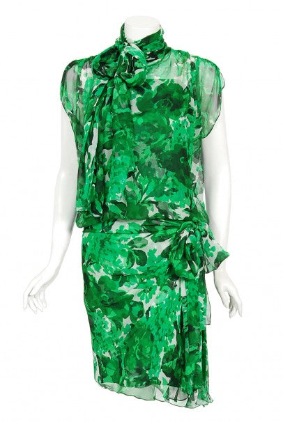 1990's Givenchy Paris Green Floral Print Silk Chiffon Draped Dress