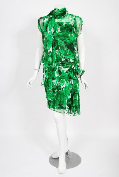 1990's Givenchy Paris Green Floral Print Silk Chiffon Draped Dress