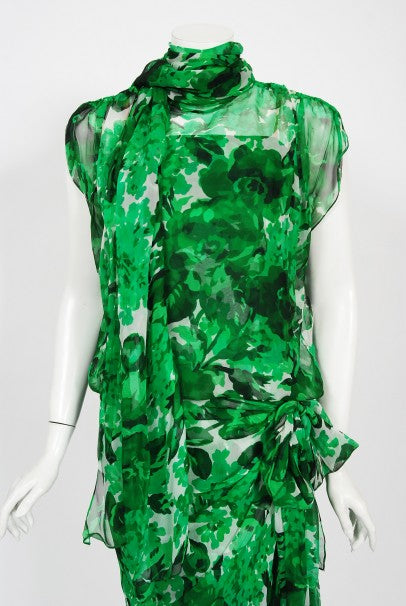 1990's Givenchy Paris Green Floral Print Silk Chiffon Draped Dress