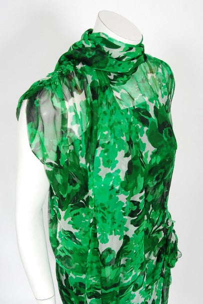 1990's Givenchy Paris Green Floral Print Silk Chiffon Draped Dress