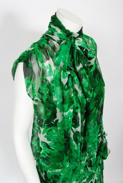 1990's Givenchy Paris Green Floral Print Silk Chiffon Draped Dress