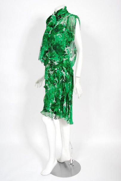 1990's Givenchy Paris Green Floral Print Silk Chiffon Draped Dress