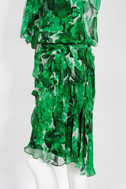 1990's Givenchy Paris Green Floral Print Silk Chiffon Draped Dress