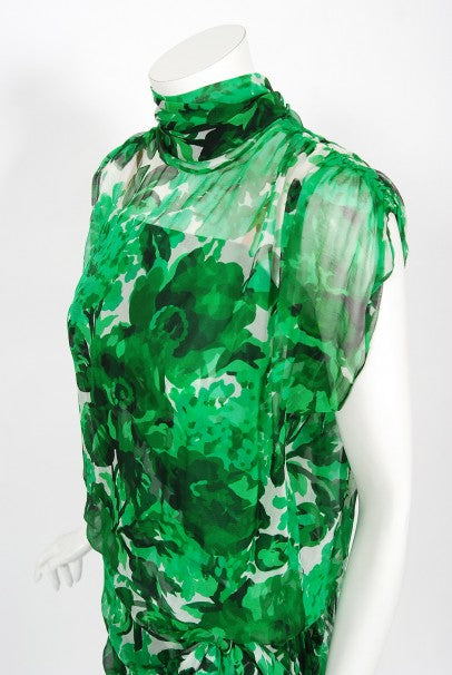 1990's Givenchy Paris Green Floral Print Silk Chiffon Draped Dress