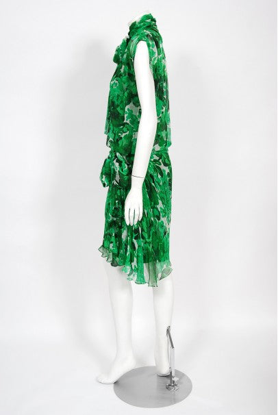 1990's Givenchy Paris Green Floral Print Silk Chiffon Draped Dress