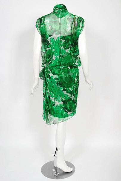1990's Givenchy Paris Green Floral Print Silk Chiffon Draped Dress