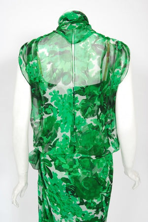 1990's Givenchy Paris Green Floral Print Silk Chiffon Draped Dress
