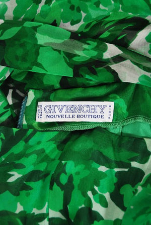 1990's Givenchy Paris Green Floral Print Silk Chiffon Draped Dress