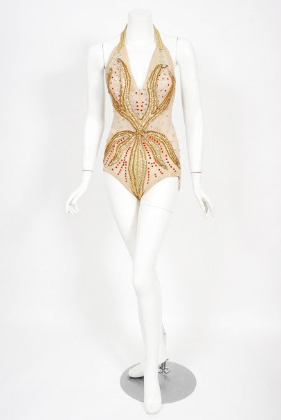 1940&#39;s Metallic Gold Lame Flame Rhinestone Mesh Showgirl Circus Costume