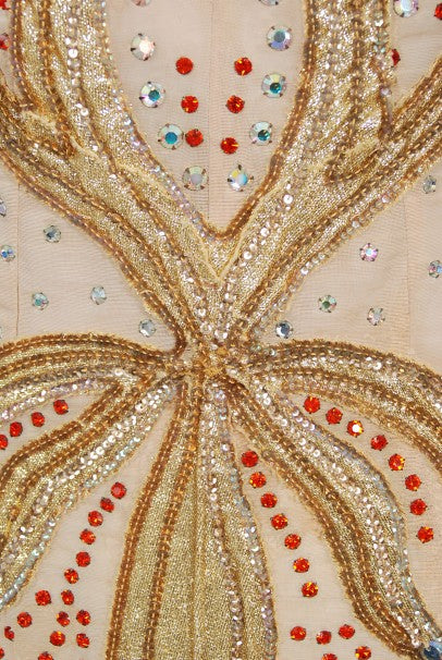 1940&#39;s Metallic Gold Lame Flame Rhinestone Mesh Showgirl Circus Costume