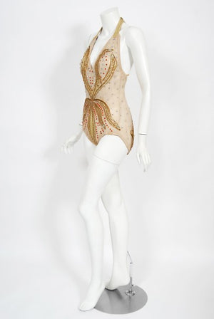 1940's Metallic Gold Lame Flame Rhinestone Mesh Showgirl Circus Costume