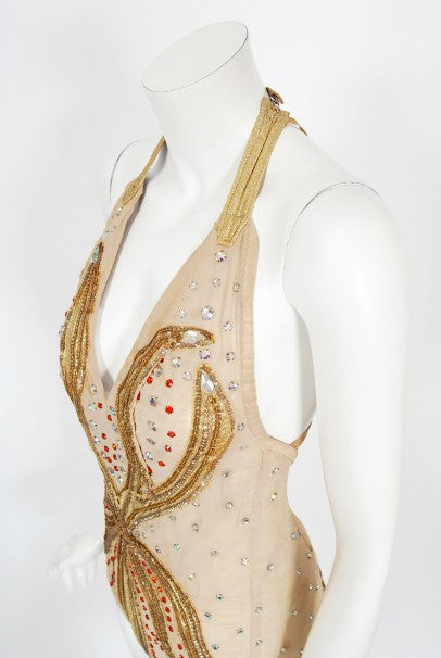 1940&#39;s Metallic Gold Lame Flame Rhinestone Mesh Showgirl Circus Costume