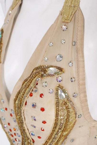 1940&#39;s Metallic Gold Lame Flame Rhinestone Mesh Showgirl Circus Costume