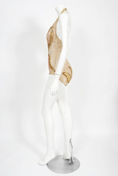 1940&#39;s Metallic Gold Lame Flame Rhinestone Mesh Showgirl Circus Costume