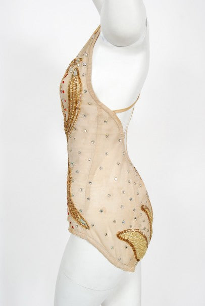 1940&#39;s Metallic Gold Lame Flame Rhinestone Mesh Showgirl Circus Costume