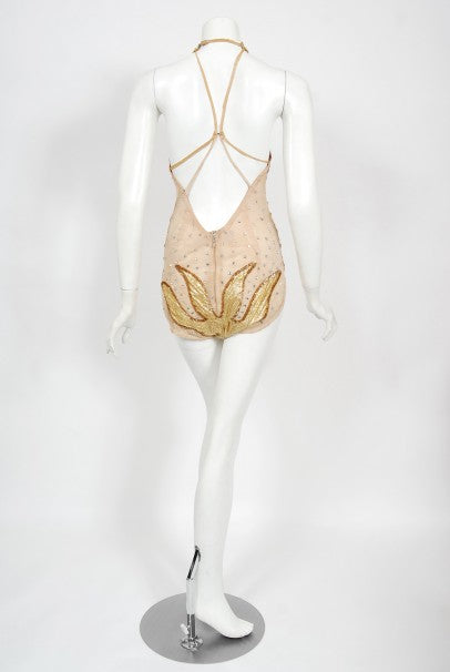 1940&#39;s Metallic Gold Lame Flame Rhinestone Mesh Showgirl Circus Costume