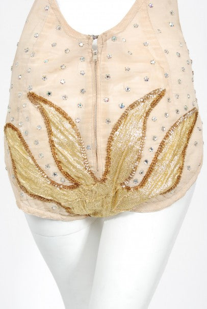 1940&#39;s Metallic Gold Lame Flame Rhinestone Mesh Showgirl Circus Costume
