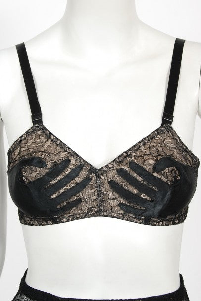 1940&#39;s Schiaparelli Inspired &#39;Hands On&#39; Silk Appliqué Lace Bra &amp; Tap Pants