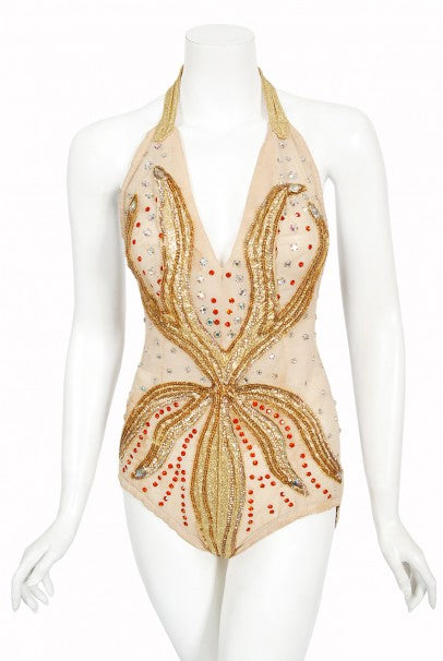 1940&#39;s Metallic Gold Lame Flame Rhinestone Mesh Showgirl Circus Costume