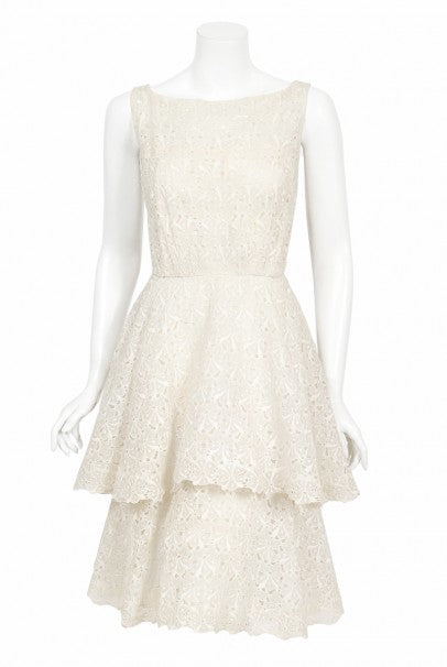1950&#39;s Ceil Chapman Embroidered Ivory Eyelet Cotton Tiered Bridal Dress
