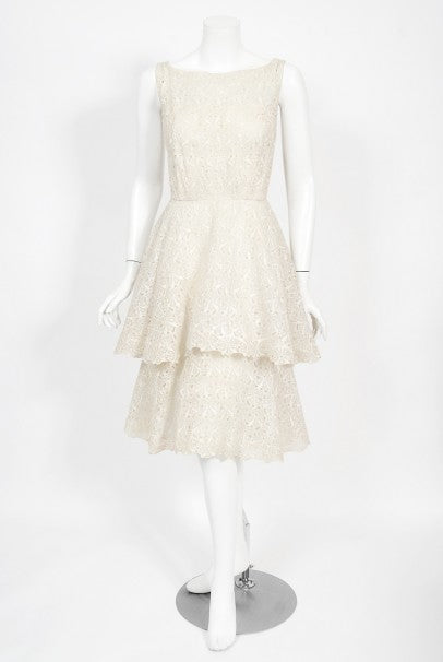 1950&#39;s Ceil Chapman Embroidered Ivory Eyelet Cotton Tiered Bridal Dress