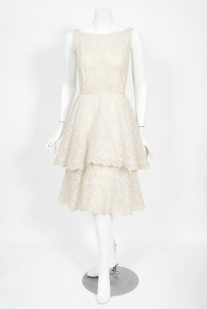 1950's Ceil Chapman Embroidered Ivory Eyelet Cotton Tiered Bridal Dress