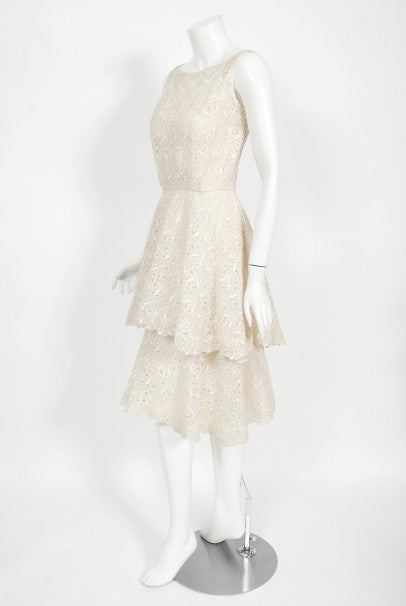 1950&#39;s Ceil Chapman Embroidered Ivory Eyelet Cotton Tiered Bridal Dress