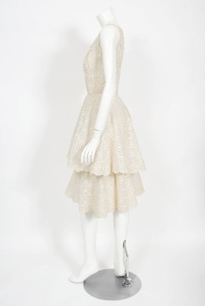 1950&#39;s Ceil Chapman Embroidered Ivory Eyelet Cotton Tiered Bridal Dress