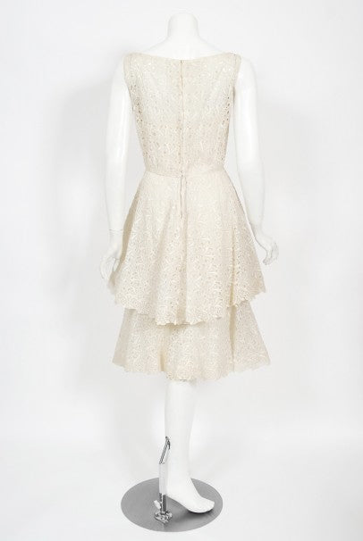 1950&#39;s Ceil Chapman Embroidered Ivory Eyelet Cotton Tiered Bridal Dress
