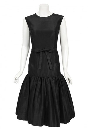 1956 Traina-Norell Couture Black Silk Belted Flounce Cocktail Dress