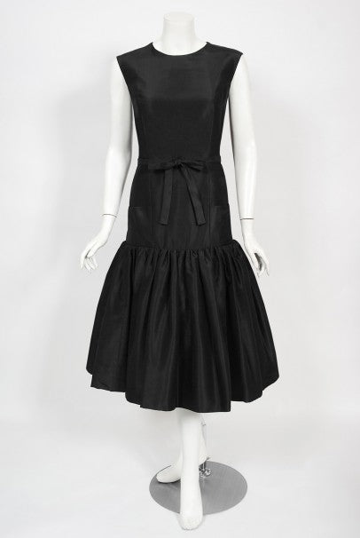 1956 Traina-Norell Couture Black Silk Belted Flounce Cocktail Dress