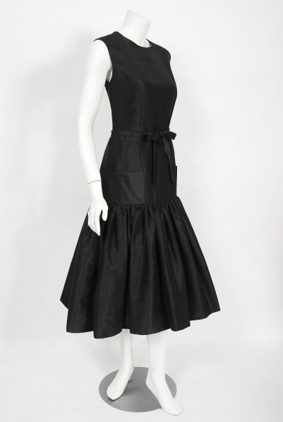 1956 Traina-Norell Couture Black Silk Belted Flounce Cocktail Dress