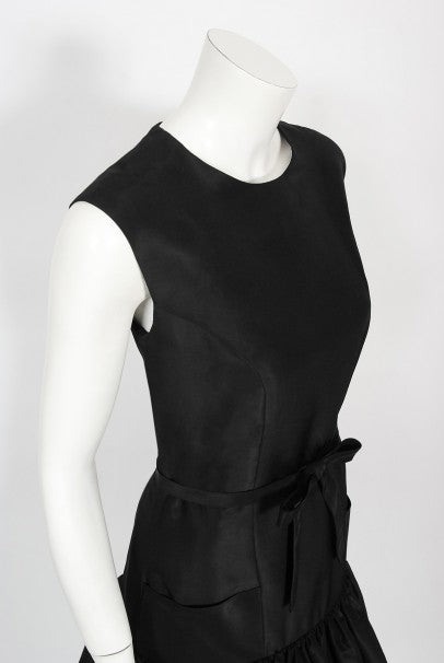 1956 Traina-Norell Couture Black Silk Belted Flounce Cocktail Dress