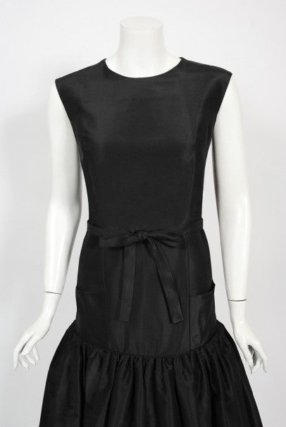 1956 Traina-Norell Couture Black Silk Belted Flounce Cocktail Dress