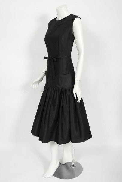 1956 Traina-Norell Couture Black Silk Belted Flounce Cocktail Dress