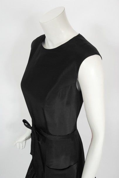 1956 Traina-Norell Couture Black Silk Belted Flounce Cocktail Dress