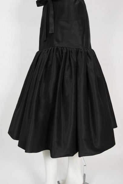 1956 Traina-Norell Couture Black Silk Belted Flounce Cocktail Dress