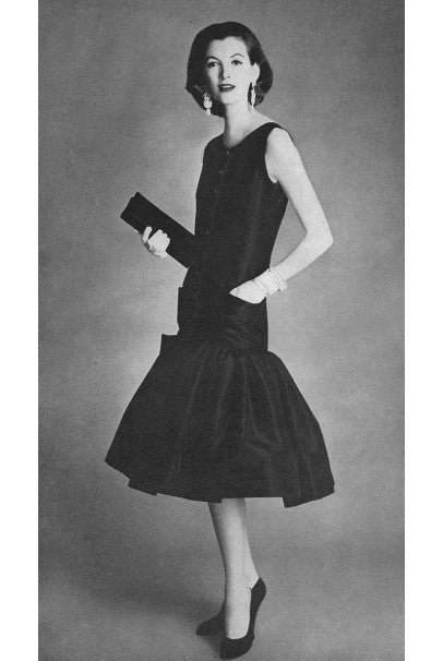 1956 Traina-Norell Couture Black Silk Belted Flounce Cocktail Dress