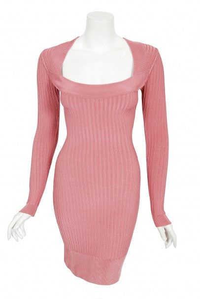 1990 Azzedine Alaia Blush-Pink Ribbed Knit Long Sleeve Bodycon Dress