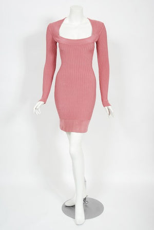 1990 Azzedine Alaia Blush-Pink Ribbed Knit Long Sleeve Bodycon Dress