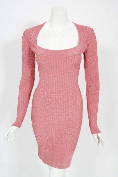 1990 Azzedine Alaia Blush-Pink Ribbed Knit Long Sleeve Bodycon Dress -  Timeless Vixen