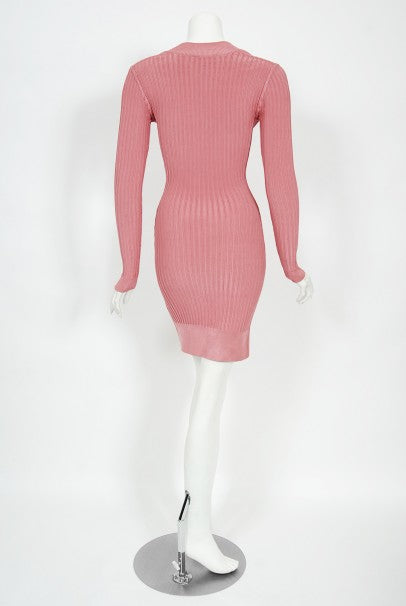 1990 Azzedine Alaia Blush-Pink Ribbed Knit Long Sleeve Bodycon Dress - Timeless Vixen 1990 Azzedine Alaia Blush-Pink Ribbed Knit Long Sleeve Bodycon Dress - Timeless Vixen