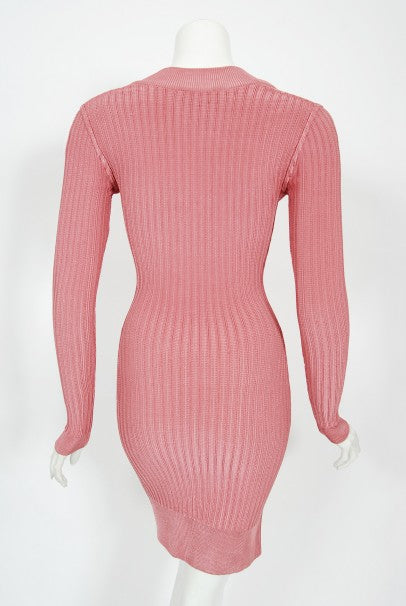 1990 Azzedine Alaia Blush-Pink Ribbed Knit Long Sleeve Bodycon Dress - Timeless Vixen 1990 Azzedine Alaia Blush-Pink Ribbed Knit Long Sleeve Bodycon Dress - Timeless Vixen