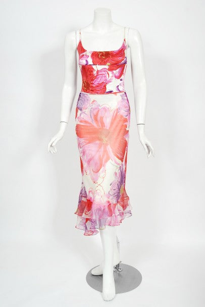 2001 Dolce &amp; Gabbana Floral Stretch Silk Boned Bustier &amp; Ruffle Skirt