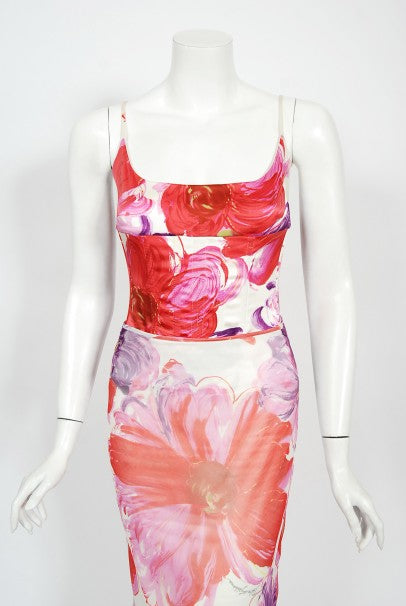 2001 Dolce &amp; Gabbana Floral Stretch Silk Boned Bustier &amp; Ruffle Skirt