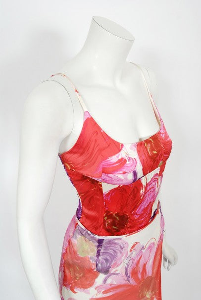 2001 Dolce &amp; Gabbana Floral Stretch Silk Boned Bustier &amp; Ruffle Skirt