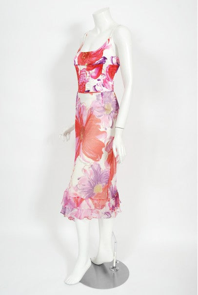 2001 Dolce &amp; Gabbana Floral Stretch Silk Boned Bustier &amp; Ruffle Skirt