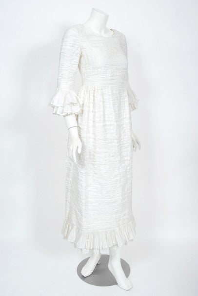 1960's Sybil Connolly Couture Pleated White Linen Bell-Sleeve Dress