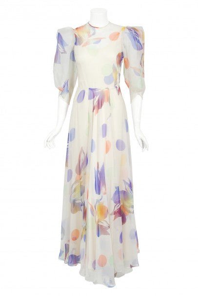1970&#39;s Stavropoulos Couture Colorful Floral Print Silk Puff-Sleeve Gown