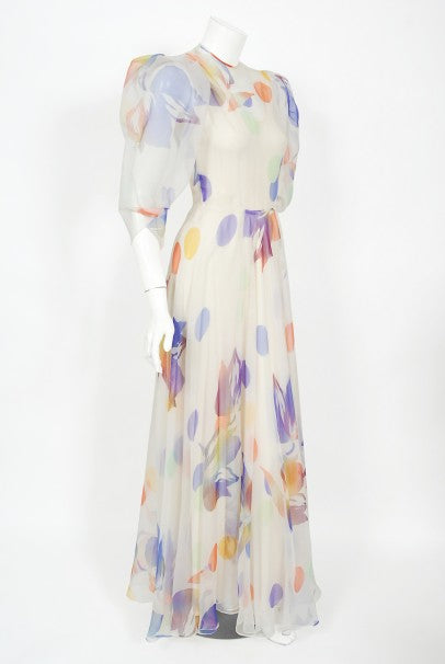 1970's Stavropoulos Couture Colorful Floral Print Silk Puff-Sleeve Gown